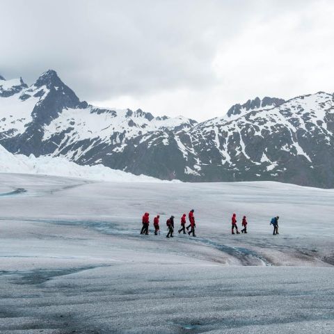 a group of people standing on top of a snow covered mountain
