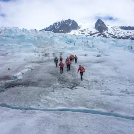 a group of people riding skis down a snow covered slope