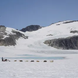 a group of people standing on top of a snow covered mountain