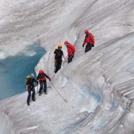 a group of people riding skis down a snow covered slope