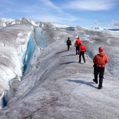 a group of people walking up a hill in the snow