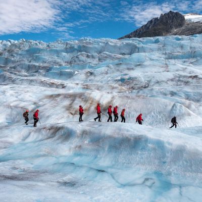 a group of people riding skis on a snowy mountain